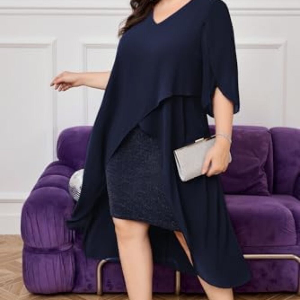 *Hanna Nikole* Womens Plus Size Chiffon Cocktail Dress Ruffle 3/4 Sleeve
